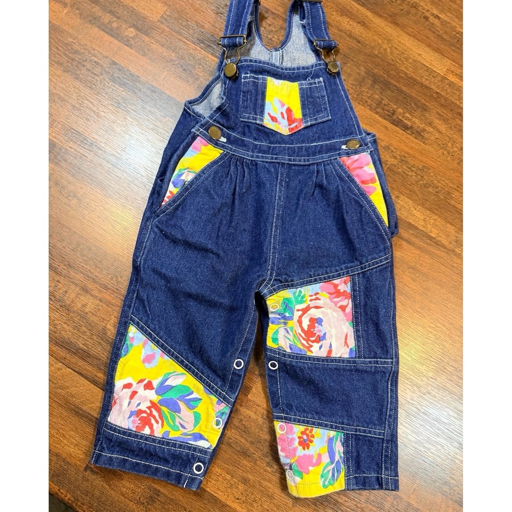 Vintage Hopscotch girls denim overalls with floral patchwork. Sz 12 months